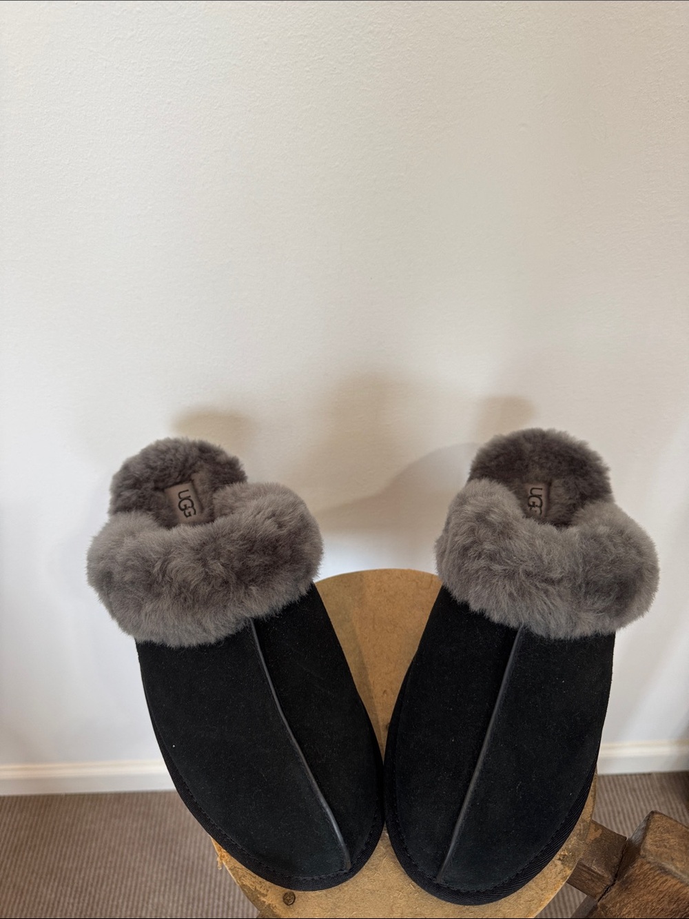 UGG Black Suede Slippers with Gray Shearling Collar